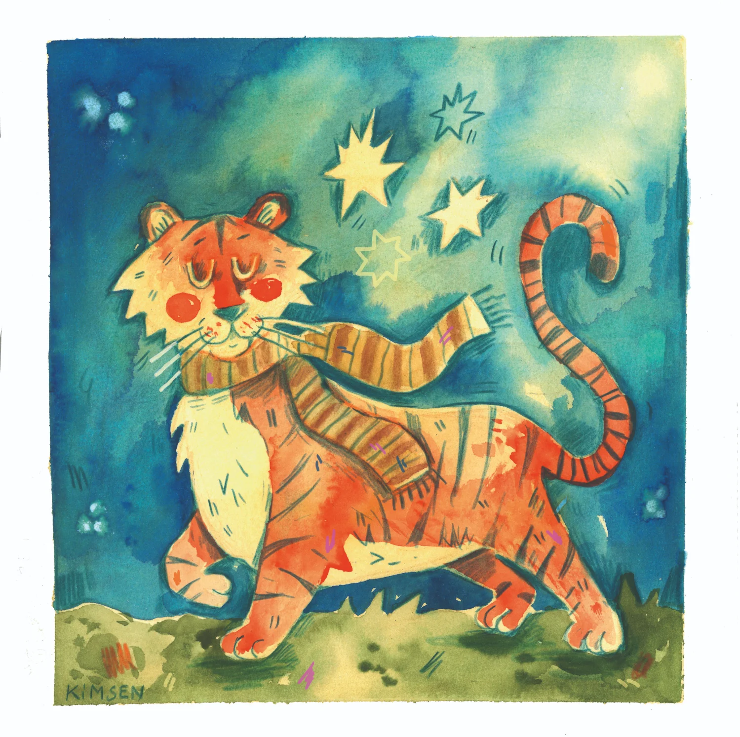 Aquarell: Tiger mit gestreiftem Schal unter dem Sternenhimmel